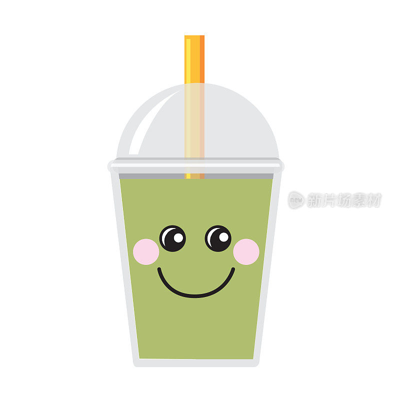 Happy Emoji Kawaii face on Bubble or Boba Tea Honeydew Flavor Full color Icon on white background
